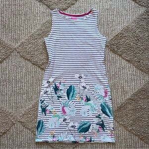 Joules UK Riva Jersey Knit Sleeveless Dress Navy Blue Palm Stripe Floral